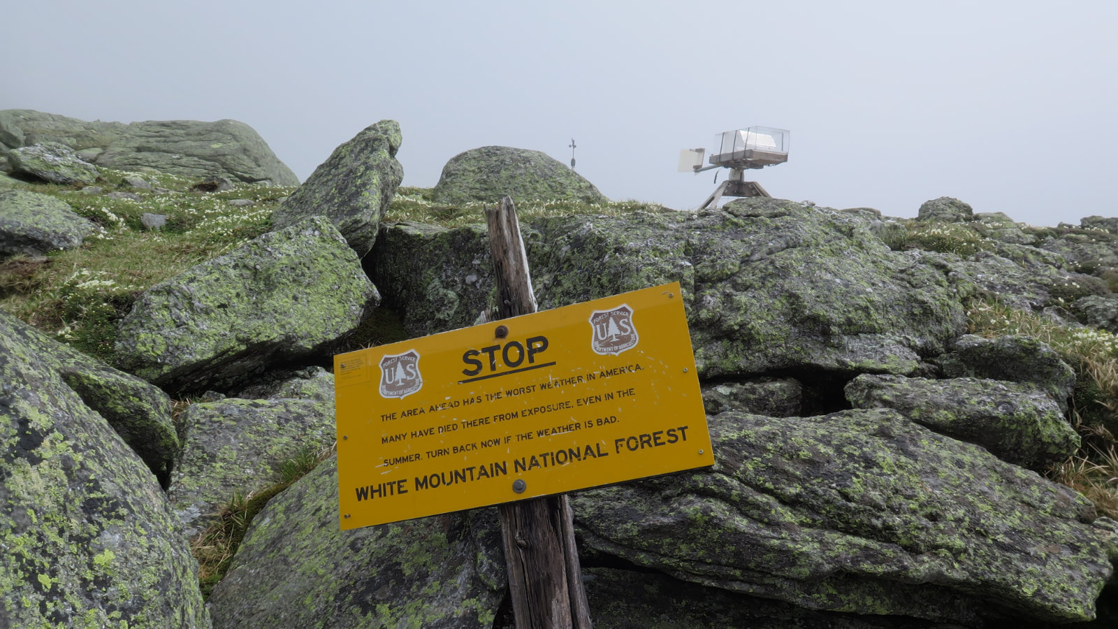 Warning sign near the summit of Mt Washington, New Hampshire