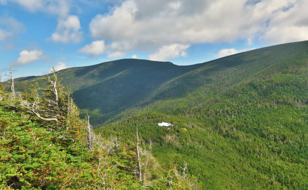 Overhead view of Galehead Hut from the outlook near the summit of Galehead Mountain. 