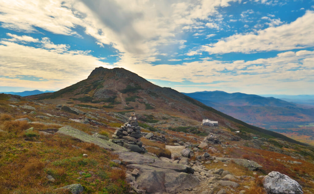 View of Mt Monroe from Mt Washington's Crawford Path; Lakes of the Clouds hut in the mid-ground. 