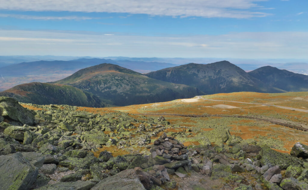 View from Mt Washington at the Nelson Crag trailhead; Mt Clay, Mt Jefferson, Mt Adams, and Mt Madison with the Great Gulf in the mid-ground. 