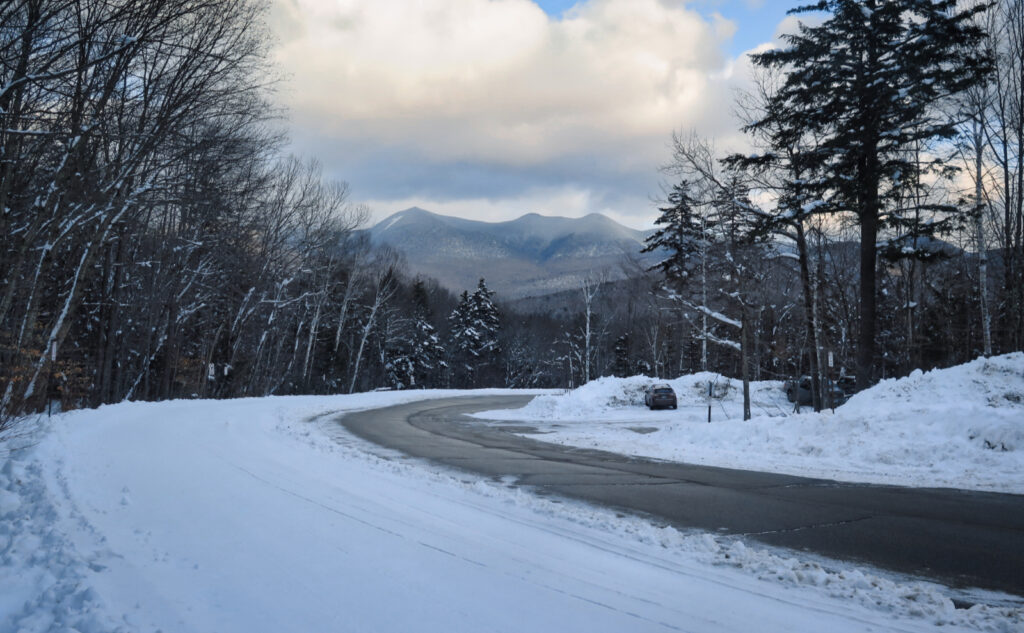 View of Mt Tripyramid from the trailhead of Mt Tecumseh Trail, at Waterville Valley Ski Area. 