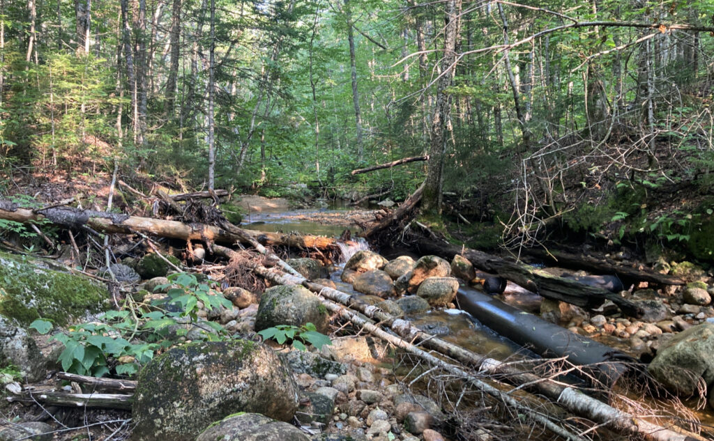 Metal drainage pipe. 
Pemigewasset Wilderness, east side, White Mountains, New Hampshire. 