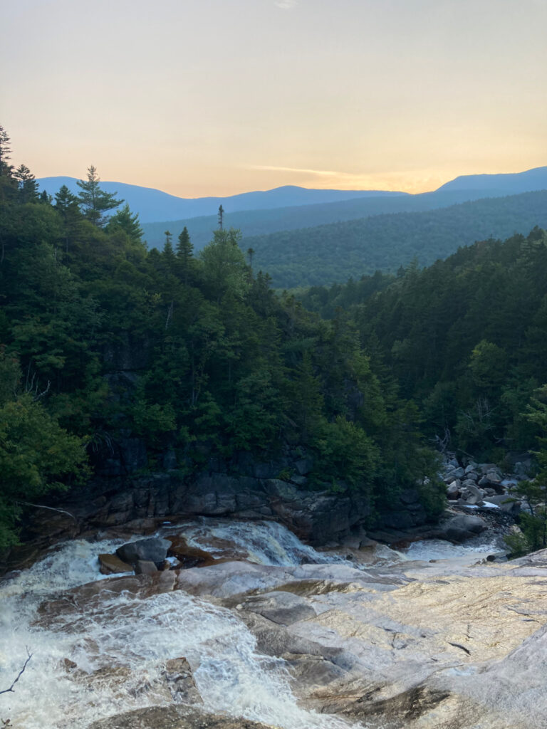 Sunset over Thoreau Falls. 
Pemigewasset Wilderness, east side, White Mountains, New Hampshire. 